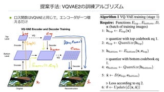 提案⼿法: VQVAE2の訓練アルゴリズム
n ロス関数はVQVAEと同じで，エンコーダが⼀つ増
えるだけ
 