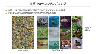 実験: VQVAEのサンプリング
n 左図: ⼀様分布の潜在変数の事前分布からサンプリングした画像
n 右図: PixelCNNの事前分布からサンプリングした画像
Uniform prior PixelCNN prior
そこそこ
きれい
 