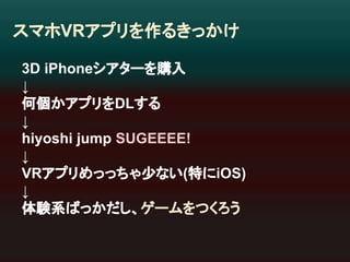 䝇䝬䝩VR䜰䝥䝸䜢స䜛䛝䛳䛛䛡 
3D iPhone䝅䜰䝍䞊䜢㉎ධ 
↓ 
ఱಶ䛛䜰䝥䝸䜢DL䛩䜛 
↓ 
hiyoshi jump SUGEEEE! 
↓ 
VR䜰䝥䝸䜑䛳䛳䛱䜓ᑡ䛺䛔(≉䛻iOS) 
↓ 
య㦂⣔䜀䛳䛛䛰䛧䚸䝀䞊䝮䜢䛴䛟䜝䛖 
 