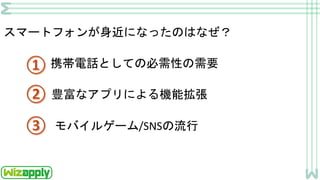 携帯電話としての必需性の需要
豊富なアプリによる機能拡張
モバイルゲーム/SNSの流行
スマートフォンが身近になったのはなぜ？
 