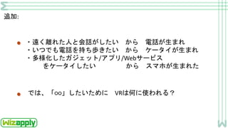 追加:
・遠く離れた人と会話がしたい から 電話が生まれ
・いつでも電話を持ち歩きたい から ケータイが生まれ
・多様化したガジェット/アプリ/Webサービス
をケータイしたい から スマホが生まれた
では、「○○」したいために VRは何に使われる？
 