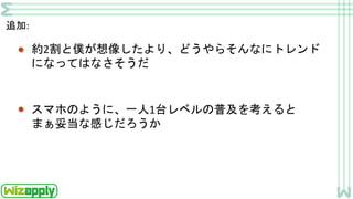 追加:
約2割と僕が想像したより、どうやらそんなにトレンド
になってはなさそうだ
スマホのように、一人1台レベルの普及を考えると
まぁ妥当な感じだろうか
 