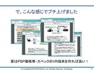 14(C) CopyRight 2016 PROLEAD Co.,Ltd. All Rights Reserved. ,Confidential
で、こんな感じでブチ上げました
要はPSP価格帯・スペックの単独で動作するVR端末を作
れば良い！
 