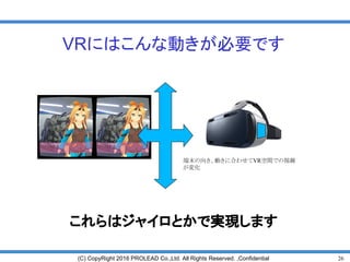 26(C) CopyRight 2016 PROLEAD Co.,Ltd. All Rights Reserved. ,Confidential
VRにはこんな動きが必要です
これらはジャイロとかで実現します
端末の向き、動きに合わせてVR空間での視線
が変化
 