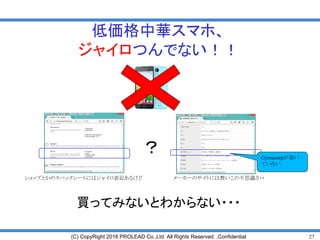 27(C) CopyRight 2016 PROLEAD Co.,Ltd. All Rights Reserved. ,Confidential
低価格中華スマホ、
ジャイロつんでない！！
買ってみないとわからない・・・
ショップとかのスペックシートにはジャイロ表記あるけど メーカーのサイトには無いこの不思議さ・・
？ Gyroscorpが書い
ていない
 