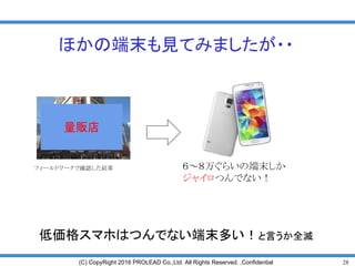 28(C) CopyRight 2016 PROLEAD Co.,Ltd. All Rights Reserved. ,Confidential
ほかの端末も見てみましたが・・
フィールドワークで確認した結果 ６～８万ぐらいの端末しか
ジャイロつんでない！
低価格スマホはつんでない端末多い！と言うか全滅
量販店
 