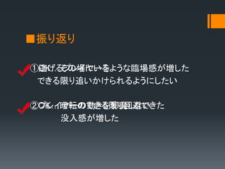 ■振り返り
 逃げるプレイヤーを
できる限り追いかけられるようにしたい
 プレイヤーの動きを邪魔しない
①
② OK…暗転のできる限り回避できた
没入感が増した
 OK…その場にいるような臨場感が増した
 