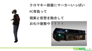 / 41
クロマキー部屋にマーカーいっぱい
PC背負って
現実と仮想を融合して
お化け屋敷や！！！！
28
 