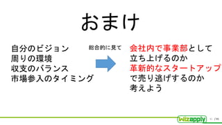 / 41
自分のビジョン
周りの環境
収支のバランス
市場参入のタイミング
41
総合的に見て 会社内で事業部として
立ち上げるのか
革新的なスタートアップ
で売り逃げするのか
考えよう
おまけ
 