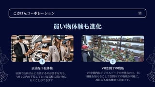 1 2
ごきげんコーポレーション 11
VR空間内はデジタルデータの世界なので、EC
機能を加えることで空間内での物販が可能に。
AIによる接客機能も可能です。
VR空間での物販
買い物体験も進化
店頭で店員さんと会話するのが苦手な方も、
VRで店内を下見しておけば気軽に買い物に
行くことができます
店頭を下見体験
 