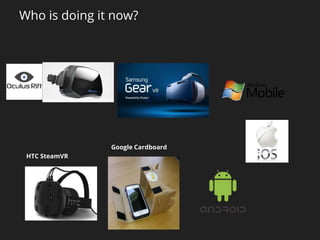Who is doing it now?
Google Cardboard
HTC SteamVR
 