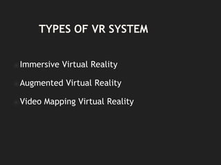TYPES OF VR SYSTEM
⦿Immersive Virtual Reality
⦿Augmented Virtual Reality
⦿Video Mapping Virtual Reality
 