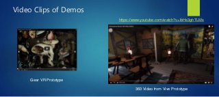 Video Clips of Demos
https://www.youtube.com/watch?v=lbHs3ghTLMs
Gear VR Prototype
360 Video from Vive Prototype
 