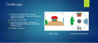 Challenges
 Elements of composition (Visual
direction, balance – many principles are
based on a frame)
 Telling a story in VR
 Immature technology – Expensive,
Bulky, Limitations (Sensory, Cost, Bulk,
Audience Size)
 Simulator sickness
Complete EnvironmentUsers View
 