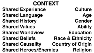 Shared Experience
Shared Language
Shared History
Shared Values
Shared Worldview
Shared Beliefs
Shared Causality
Shared Heroes/Enemies
Culture
Age
Gender
Ability
Education
Race & Ethnicity
Country of Origin
Religion
CONTEXT
 