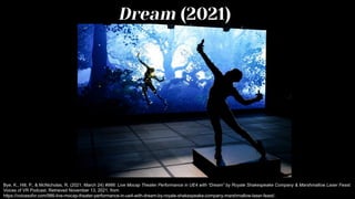 Dream (2021)
Bye, K., Hill, P., & McNicholas, R. (2021, March 24) #986: Live Mocap Theater Performance in UE4 with “Dream” by Royale Shakespeake Company & Marshmallow Laser Feast.
Voices of VR Podcast. Retrieved November 13, 2021, from
https://voicesofvr.com/986-live-mocap-theater-performance-in-ue4-with-dream-by-royale-shakespeake-company-marshmallow-laser-feast/.
 