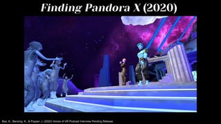 Finding Pandora X (2020)
Bye, K., Benzing, K., & Popper, J. (2020) Voices of VR Podcast Interview Pending Release.
 