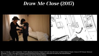 Draw Me Close (2017)
Bye, K., & Nicolls, J. (2017, September, 7) #574: Blending Immersive Theater & VR with ‘Draw Me Close’ by NFB & National Theatre. Voices of VR Podcast. Retrieved
November 13, 2021, from https://voicesofvr.com/576-blending-immersive-theater-vr-with-draw-me-close-by-nfb-national-theatre/.
Bye, K., & Oppenheim, D. (2017) Voices of VR Podcast Interview Pending Release.
 