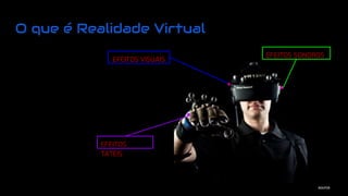 O que é Realidade Virtual
EFEITOS VISUAIS
EFEITOS SONOROS
EFEITOS
TÁTEIS
source
 