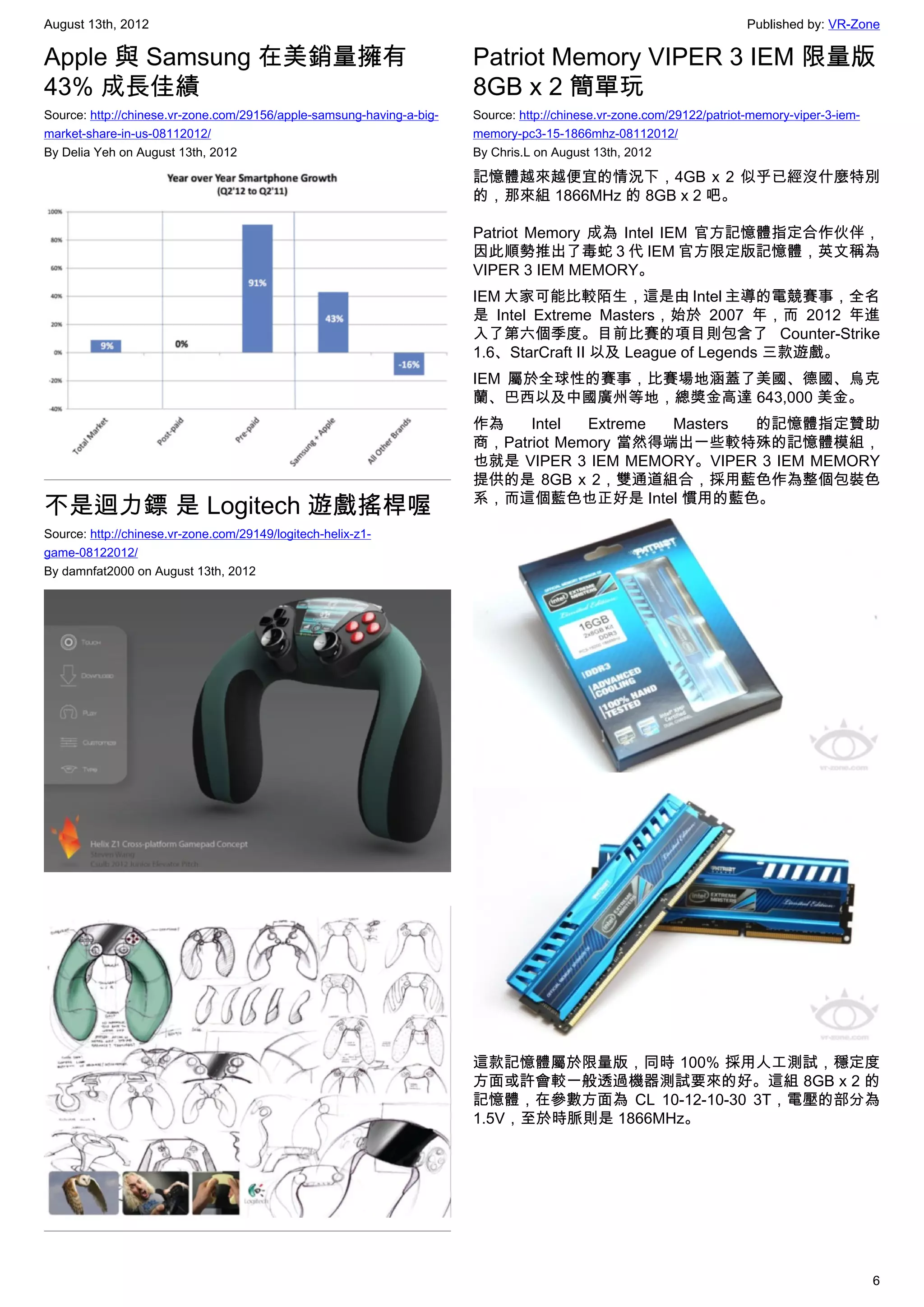 August 13th, 2012                                                                                                      Published by: VR-Zone

Apple 與 Samsung 在美銷量擁有                                                 Patriot Memory VIPER 3 IEM 限量版
43% 成長佳績                                                               8GB x 2 簡單玩
Source: http://chinese.vr-zone.com/29156/apple-samsung-having-a-big-   Source: http://chinese.vr-zone.com/29122/patriot-memory-viper-3-iem-
market-share-in-us-08112012/                                           memory-pc3-15-1866mhz-08112012/
By Delia Yeh on August 13th, 2012                                      By Chris.L on August 13th, 2012

                                                                       記憶體越來越便宜的情況下，4GB x 2 似乎已經沒什麼特別
                                                                       的，那來組 1866MHz 的 8GB x 2 吧。

                                                                       Patriot Memory 成為 Intel IEM 官方記憶體指定合作伙伴，
                                                                       因此順勢推出了毒蛇 3 代 IEM 官方限定版記憶體，英文稱為
                                                                       VIPER 3 IEM MEMORY。
                                                                       IEM 大家可能比較陌生，這是由 Intel 主導的電競賽事，全名
                                                                       是 Intel Extreme Masters，始於 2007 年，而 2012 年進
                                                                       入了第六個季度。目前比賽的項目則包含了 Counter-Strike
                                                                       1.6、StarCraft II 以及 League of Legends 三款遊戲。
                                                                       IEM 屬於全球性的賽事，比賽場地涵蓋了美國、德國、烏克
                                                                       蘭、巴西以及中國廣州等地，總奬金高達 643,000 美金。
                                                                       作為    Intel  Extreme Masters 的記憶體指定贊助
                                                                       商，Patriot Memory 當然得端出一些較特殊的記憶體模組，
                                                                       也就是 VIPER 3 IEM MEMORY。VIPER 3 IEM MEMORY
                                                                       提供的是 8GB x 2，雙通道組合，採用藍色作為整個包裝色
                                                                       系，而這個藍色也正好是 Intel 慣用的藍色。
不是迴力鏢 是 Logitech 遊戲搖桿喔
Source: http://chinese.vr-zone.com/29149/logitech-helix-z1-
game-08122012/
By damnfat2000 on August 13th, 2012




                                                                       這款記憶體屬於限量版，同時 100% 採用人工測試，穩定度
                                                                       方面或許會較一般透過機器測試要來的好。這組 8GB x 2 的
                                                                       記憶體，在參數方面為 CL 10-12-10-30 3T，電壓的部分為
                                                                       1.5V，至於時脈則是 1866MHz。




                                                                                                                                              6
 