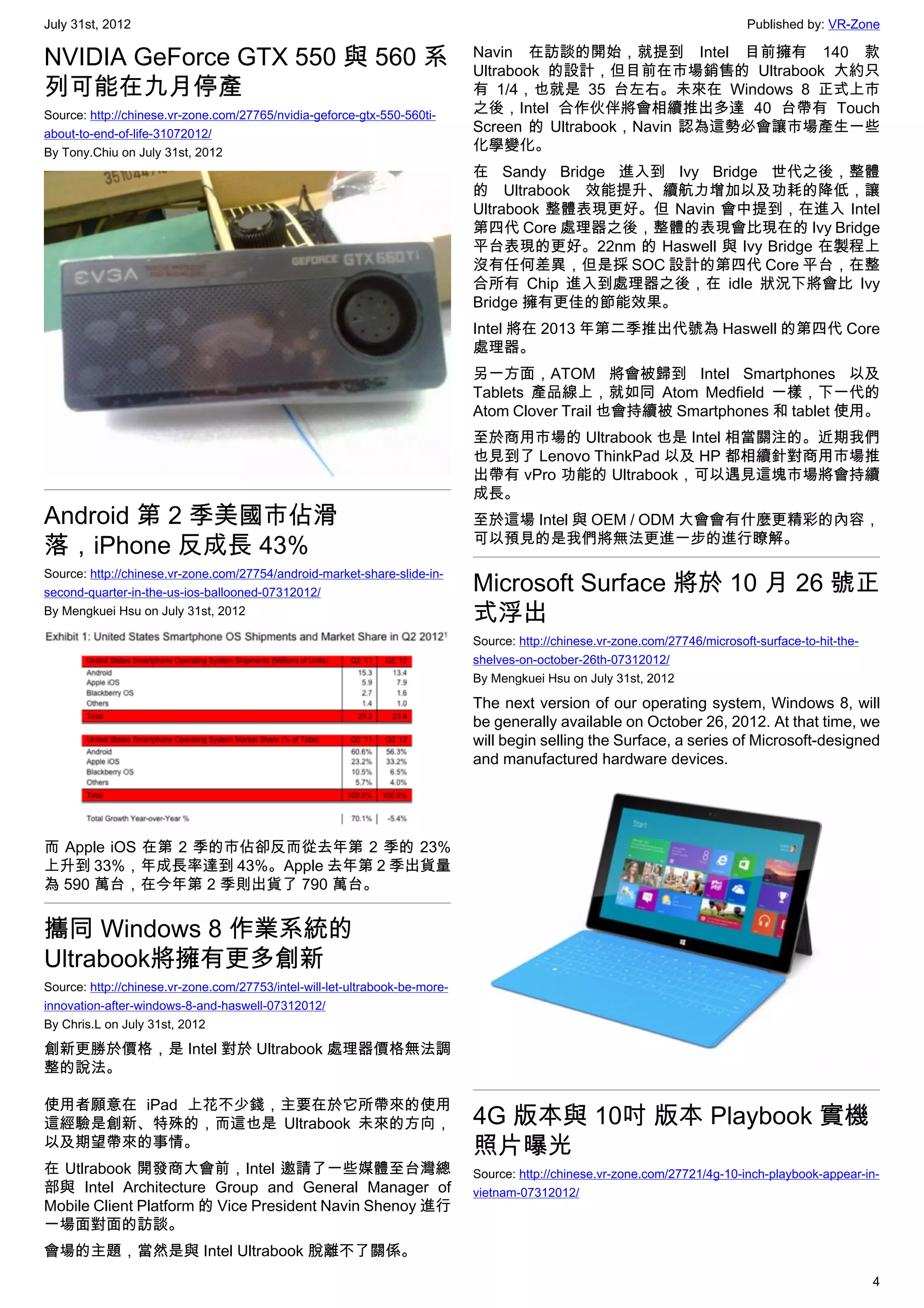 July 31st, 2012                                                                                                               Published by: VR-Zone

NVIDIA GeForce GTX 550 與 560 系                                               Navin 在訪談的開始，就提到 Intel 目前擁有 140 款
                                                                             Ultrabook 的設計，但目前在市場銷售的 Ultrabook 大約只
列可能在九月停產                                                                     有 1/4，也就是 35 台左右。未來在 Windows 8 正式上市
Source: http://chinese.vr-zone.com/27765/nvidia-geforce-gtx-550-560ti-       之後，Intel 合作伙伴將會相續推出多達 40 台帶有 Touch
about-to-end-of-life-31072012/                                               Screen 的 Ultrabook，Navin 認為這勢必會讓市場產生一些
By Tony.Chiu on July 31st, 2012                                              化學變化。
                                                                             在 Sandy Bridge 進入到 Ivy Bridge 世代之後，整體
                                                                             的 Ultrabook 效能提升、續航力增加以及功耗的降低，讓
                                                                             Ultrabook 整體表現更好。但 Navin 會中提到，在進入 Intel
                                                                             第四代 Core 處理器之後，整體的表現會比現在的 Ivy Bridge
                                                                             平台表現的更好。22nm 的 Haswell 與 Ivy Bridge 在製程上
                                                                             沒有任何差異，但是採 SOC 設計的第四代 Core 平台，在整
                                                                             合所有 Chip 進入到處理器之後，在 idle 狀況下將會比 Ivy
                                                                             Bridge 擁有更佳的節能效果。
                                                                             Intel 將在 2013 年第二季推出代號為 Haswell 的第四代 Core
                                                                             處理器。
                                                                             另一方面，ATOM 將會被歸到 Intel Smartphones 以及
                                                                             Tablets 產品線上，就如同 Atom Medfield 一樣，下一代的
                                                                             Atom Clover Trail 也會持續被 Smartphones 和 tablet 使用。
                                                                             至於商用市場的 Ultrabook 也是 Intel 相當關注的。近期我們
                                                                             也見到了 Lenovo ThinkPad 以及 HP 都相續針對商用市場推
                                                                             出帶有 vPro 功能的 Ultrabook，可以遇見這塊市場將會持續
                                                                             成長。
Android 第 2 季美國市佔滑                                                           至於這場 Intel 與 OEM / ODM 大會會有什麼更精彩的內容，
                                                                             可以預見的是我們將無法更進一步的進行瞭解。
落，iPhone 反成長 43%
Source: http://chinese.vr-zone.com/27754/android-market-share-slide-in-
second-quarter-in-the-us-ios-ballooned-07312012/                             Microsoft Surface 將於 10 月 26 號正
By Mengkuei Hsu on July 31st, 2012                                           式浮出
                                                                             Source: http://chinese.vr-zone.com/27746/microsoft-surface-to-hit-the-
                                                                             shelves-on-october-26th-07312012/
                                                                             By Mengkuei Hsu on July 31st, 2012

                                                                             The next version of our operating system, Windows 8, will
                                                                             be generally available on October 26, 2012. At that time, we
                                                                             will begin selling the Surface, a series of Microsoft-designed
                                                                             and manufactured hardware devices.




而 Apple iOS 在第 2 季的市佔卻反而從去年第 2 季的 23%
上升到 33%，年成長率達到 43%。Apple 去年第 2 季出貨量
為 590 萬台，在今年第 2 季則出貨了 790 萬台。


攜同 Windows 8 作業系統的
Ultrabook將擁有更多創新
Source: http://chinese.vr-zone.com/27753/intel-will-let-ultrabook-be-more-
innovation-after-windows-8-and-haswell-07312012/
By Chris.L on July 31st, 2012

創新更勝於價格，是 Intel 對於 Ultrabook 處理器價格無法調
整的說法。

使用者願意在 iPad 上花不少錢，主要在於它所帶來的使用
這經驗是創新、特殊的，而這也是 Ultrabook 未來的方向，                                             4G 版本與 10吋 版本 Playbook 實機
以及期望帶來的事情。                                                                   照片曝光
在 Utlrabook 開發商大會前，Intel 邀請了一些媒體至台灣總                                         Source: http://chinese.vr-zone.com/27721/4g-10-inch-playbook-appear-in-
部與 Intel Architecture Group and General Manager of                           vietnam-07312012/
Mobile Client Platform 的 Vice President Navin Shenoy 進行
一場面對面的訪談。
會場的主題，當然是與 Intel Ultrabook 脫離不了關係。
                                                                                                                                                      4
 