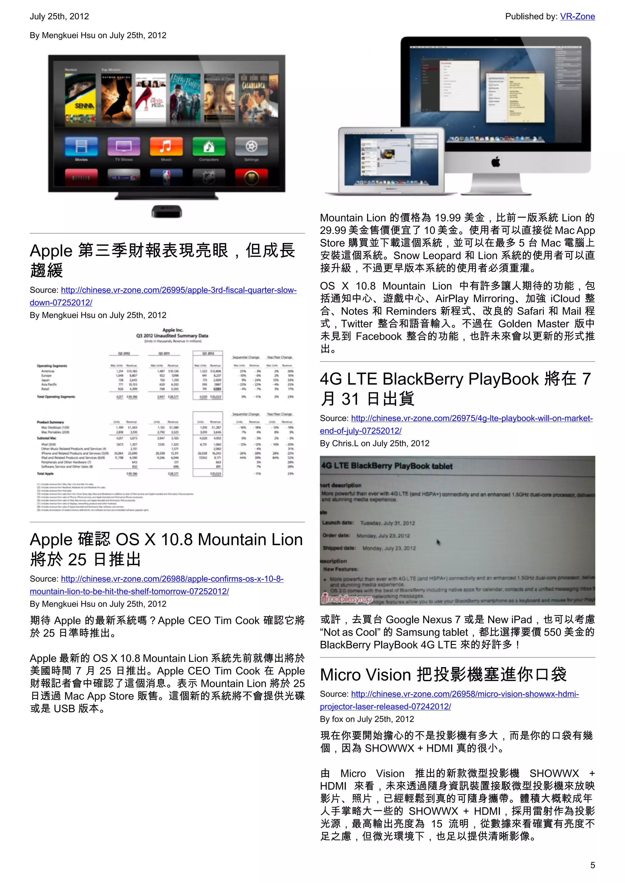 July 25th, 2012                                                                                                           Published by: VR-Zone

By Mengkuei Hsu on July 25th, 2012




                                                                          Mountain Lion 的價格為 19.99 美金，比前一版系統 Lion 的
                                                                          29.99 美金售價便宜了 10 美金。使用者可以直接從 Mac App
                                                                          Store 購買並下載這個系統，並可以在最多 5 台 Mac 電腦上
Apple 第三季財報表現亮眼，但成長                                                       安裝這個系統。Snow Leopard 和 Lion 系統的使用者可以直
趨緩                                                                        接升級，不過更早版本系統的使用者必須重灌。

Source: http://chinese.vr-zone.com/26995/apple-3rd-fiscal-quarter-slow-   OS X 10.8 Mountain Lion 中有許多讓人期待的功能，包
down-07252012/                                                            括通知中心、遊戲中心、AirPlay Mirroring、加強 iCloud 整
By Mengkuei Hsu on July 25th, 2012                                        合、Notes 和 Reminders 新程式、改良的 Safari 和 Mail 程
                                                                          式，Twitter 整合和語音輸入。不過在 Golden Master 版中
                                                                          未見到 Facebook 整合的功能，也許未來會以更新的形式推
                                                                          出。


                                                                          4G LTE BlackBerry PlayBook 將在 7
                                                                          月 31 日出貨
                                                                          Source: http://chinese.vr-zone.com/26975/4g-lte-playbook-will-on-market-
                                                                          end-of-july-07252012/
                                                                          By Chris.L on July 25th, 2012




Apple 確認 OS X 10.8 Mountain Lion
將於 25 日推出
Source: http://chinese.vr-zone.com/26988/apple-confirms-os-x-10-8-
mountain-lion-to-be-hit-the-shelf-tomorrow-07252012/
By Mengkuei Hsu on July 25th, 2012

期待 Apple 的最新系統嗎？Apple CEO Tim Cook 確認它將                                   或許，去買台 Google Nexus 7 或是 New iPad，也可以考慮
於 25 日準時推出。                                                               “Not as Cool” 的 Samsung tablet，都比選擇要價 550 美金的
                                                                          BlackBerry PlayBook 4G LTE 來的好許多！
Apple 最新的 OS X 10.8 Mountain Lion 系統先前就傳出將於
美國時間 7 月 25 日推出。Apple CEO Tim Cook 在 Apple
財報記者會中確認了這個消息。表示 Mountain Lion 將於 25
                                                                          Micro Vision 把投影機塞進你口袋
日透過 Mac App Store 販售。這個新的系統將不會提供光碟                                        Source: http://chinese.vr-zone.com/26958/micro-vision-showwx-hdmi-
或是 USB 版本。                                                                projector-laser-released-07242012/
                                                                          By fox on July 25th, 2012

                                                                          現在你要開始擔心的不是投影機有多大，而是你的口袋有幾
                                                                          個，因為 SHOWWX + HDMI 真的很小。

                                                                          由 Micro Vision 推出的新款微型投影機 SHOWWX +
                                                                          HDMI 來看，未來透過隨身資訊裝置接駁微型投影機來放映
                                                                          影片、照片，已經輕鬆到真的可隨身攜帶。體積大概較成年
                                                                          人手掌略大一些的  SHOWWX + HDMI，採用雷射作為投影
                                                                          光源，最高輸出亮度為 15 流明，從數據來看確實有亮度不
                                                                          足之慮，但微光環境下，也足以提供清晰影像。

                                                                                                                                                 5
 