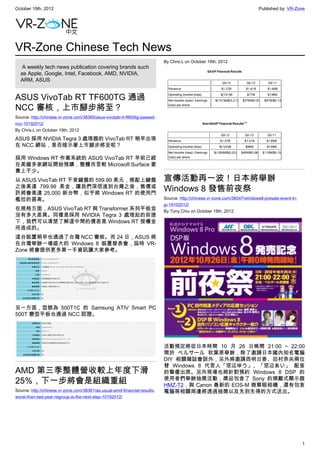 October 19th, 2012                                                                                                        Published by: VR-Zone




VR-Zone Chinese Tech News
                                                                           By Chris.L on October 19th, 2012
   A weekly tech news publication covering brands such
  as Apple, Google, Intel, Facebook, AMD, NVIDIA,
  ARM, ASUS


ASUS VivoTab RT TF600TG 通過
NCC 審核，上市腳步將至？
Source: http://chinese.vr-zone.com/38365/asus-vivotab-rt-tf600tg-passed-
ncc-10192012/
By Chris.L on October 19th, 2012

ASUS 採用 NVIDIA Tegra 3 處理器的 VivoTab RT 稍早出現
在 NCC 網站，是否暗示著上市腳步將至呢？

採用 Windows RT 作業系統的 ASUS VivoTab RT 早前已經
在美國多家網站開始預購，整體而言較 Microsoft Surface 要
貴上不少。
以 ASUS VivoTab RT 不含鍵盤的 599.99 美元，搭配上鍵盤                                    宣傳活動再一波！日本將舉辦
之後高達 799.99 美金，讓我們深信進到台灣之後，售價或
許將會高達 25,000 新台幣，似乎將 Windows RT 的使用門
                                                                           Windows 8 發售前夜祭
檻拉的甚高。                                                                     Source: http://chinese.vr-zone.com/38347/windows8-presale-event-in-
                                                                           jp-19102012/
在規格方面，ASUS VivoTab RT 與 Transformer 系列平板並                                  By Tony.Chiu on October 19th, 2012
沒有多大差異。同樣是採用 NVIDIA Tegra 3 處理起的前提
下，我們可以清楚了解這中間的價差是 Windows RT 授權金
所造成的。
這台裝置稍早也通過了台灣 NCC 審核。而 24 日，ASUS 將
在台灣舉辦一場盛大的 Windows 8 裝置發表會，屆時 VR-
Zone 將會提供更多第一手資訊讓大家參考。




另一方面，型號為 500T1C 的 Samsung ATIV Smart PC
500T 變型平板也通過 NCC 認證。




                                                                           活動預定將從日本時間 10 月 26 日晚間 21:00 ~ 22:00
                                                                           間於 ベルサール 秋葉原舉辦，除了邀請日本國內知名電腦
                                                                           DIY 相關雜誌會談外，另外將邀請西明日香、田村奈央兩位
                                                                           替 Windows 8 代言人「窓辺ゆう」、「窓辺あい」  配音
AMD 第三季整體營收較上年度下滑                                                          的聲優出席。另外現場也將針對預約 Windows 8 DSP 的
25%，下一步將會是組織重組                                                             使用者們舉辦抽獎活動，獎品包含了 Sony 的頭戴式顯示器
                                                                           HMZ-T2，與 Canon 最新的 EOS-M 微單眼相機，還有包含
Source: http://chinese.vr-zone.com/38361/as-usual-amd-financial-results-   電腦等相關周邊將透過抽獎以及先到先得的方式送出。
worst-than-last-year-regroup-is-the-next-step-10192012/




                                                                                                                                                 1
 
