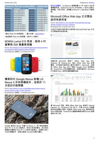 October 23rd, 2012                                                                                                        Published by: VR-Zone

                                                                          綜合先前傳言，LG Nexus 4 將會搭載 4.7 吋 1280 x 768 的
                                                                          螢幕解析度、Qualcomm S4 Pro APQ8064, 1.5GHz 四核心
                                                                          處理器、2GB RAM，並搭載 Android 4.1 Jelly Bean 作業系
                                                                          統。


                                                                          Microsoft Office Web App 正式開放
                                                                          給所有使用者
                                                                          Source: http://chinese.vr-zone.com/38711/microsoft-office-web-app-
                                                                          officially-available-to-all-users-10232012/
                                                                          By Mengkuei Hsu on October 23rd, 2012

                                                                          之前仍只有部分使用者可以試用的 Microsoft Web App 今天
                                                                          正式開始給所有使用者。
▲疑似 iPad mini 的型號表。（圖片來源：macrumors）
<後面還有 iPad mini 假想圖、MBPR 13 謠言>


NOKIA Lumia 510 現身，採用 4 吋
螢幕與 500 萬畫素相機
Source: http://chinese.vr-zone.com/38723/nokia-lumia-510-launch-with-4-
inch-display-and-500-megapixel-camera-10232012/
By fantasytrees（跳跳虎） on October 23rd, 2012




                                                                          在數月前，Microsoft 更新了 Office Web App，加入
                                                                          SkyDrive 和 Outlook.com，推出 Office Web App 的預
                                                                          覽版，今天這些功能所有人都可以使用了。Microsoft 的新
                                                                          版 Office Web App 加入了類似 Google Docs 的評論功
                                                                          能，PowerPoint 的共同編修功能，並提供適合在 Windows
                                                                          8 平板和 iPad 上使用的觸控編輯功能。



傳第四代 Google Nexus 新機 LG
Nexus 4 共有兩種版本，並將於 11
月底於印度開賣
Source: http://chinese.vr-zone.com/38709/lg-nexus-4-said-to-have-2-
versions-will-go-on-sale-on-india-10232012/
By fantasytrees（跳跳虎） on October 23rd, 2012




                                                                          據 Microsoft 所說，新版 Office Web App 相容於 Internet
                                                                          Explorer 10、Windows 8 和 iOS 6，不過 Android 支援僅
                                                                          能在特定裝置上使用。新版的 Office Web App 提供更好的
                                                                          Word 排版功能、PowerPoint 動畫和轉場功能和 Excel 進階
                                                                          資料分析工具。




Google 第四代 Nexus 手機 LG Nexus 4，除了確定將會在
2012 年 10 月 29 日發表外，現在又有消息傳出，表示這支
智慧型手機將於 2012 年 11 月底在印度推出，並擁有 8GB /
16GB 兩種版本，但無法透過 microSD 記憶卡擴充。


                                                                                                                                               3
 