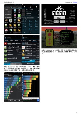 October 23rd, 2012                                           Published by: VR-Zone




                                        台灣大  Amazing A2 共有黑、白雙色，格調黑款即日起上
                                        市，優雅白則預計在 11 月初到貨，建議售價均為 4,990
                                        元。




搭載 Qualcomm S2 MSM8255, 1GHz 雙核心處理
器、512MB RAM 的台灣大 Amazing A2，支援 5 點同時觸
控能力，效能表現還算不錯，但影像處理能力普普。




                                                                                9
 