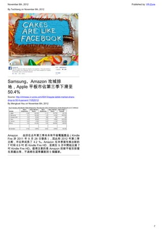 November 6th, 2012                                                    Published by: VR-Zone

By Techbang on November 6th, 2012




Samsung、Amazon 攻城掠
地，Apple 平板市佔第三季下滑至
50.4%
Source: http://chinese.vr-zone.com/40414/apple-tablet-market-share-
drop-to-50-4-percent-11052012/
By Mengkuei Hsu on November 6th, 2012




Amazon      由於在去年第三季尚未有平板電腦產品（Kindle
Fire 於 2011 年 9 月 28 日發表），因此和 2012 年第二季
比較，市佔率成長了 4.2 %。Amazon 在本季宣布推出新的
7 吋和 8.9 吋 的 Kindle Fire HD，並將在 9 月中開始出貨 7
吋 Kindle Fire HD。值得注意的是 Amazon 的新平板目前僅
在美國出現，不過將在這季擴展到 5 個國家。




                                                                                         7
 