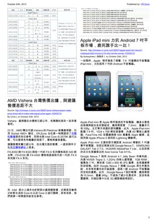 October 24th, 2012                                                                                                   Published by: VR-Zone




                                                                      Apple iPad mini 力抗 Android 7 吋平
                                                                      板市場，鹿死誰手比一比！
                                                                      Source: http://chinese.vr-zone.com/38937/apple-ipad-mini-nexus7-
                                                                      mediapad-tab2-iconia-a110-who-be-the-winner-10242012/
                                                                      By fantasytrees（跳跳虎） on October 24th, 2012

                                                                      一如預料，Apple 稍早發表了搭載 7.9 吋螢幕的平板電腦
                                                                      iPad mini，力抗採用 7 吋的 Android 平板電腦。




AMD Vishera 台灣售價出爐，與建議
售價差距不大
Source: http://chinese.vr-zone.com/38957/amd-vishera-taiwan-retail-
price-show-will-it-make-intel-adjust-price-again-10242012/
By Chris.L on October 24th, 2012

Vishera 處理器在台價格已經公布，有興趣的朋友一起來看                                        Apple iPad mini 是 Apple 稍早發表的平板電腦，機身主要是
看吧。                                                                   由玻璃與鋁合金材質組成，機身厚度僅 7.2mm，重量亦只
                                                                      有 308g，主打單手持握的便利體驗；此外，Apple iPad mini
23 日，AMD 釋出代號 Vishera 的 Piledriver 架構處理器，沿                            配備 7.9 吋、1024 x 768 解析度螢幕，內建 A5 雙核心處理
用 Socket AM3+ 腳位，VR-Zone 也在第一時間提供了完整                                  器、FaceTime HD 前置鏡頭與 500 萬畫素 iSight 鏡頭，並
的數據提供各位參考，同時也與 Intel Core i5-3570K 進行比                                採用與 Apple iPhone 5 相同的 Lightning 傳輸埠。
較，可以發現各有輸贏的局面下，價格將會是重點。
                                                                      Apple iPad mini 主要的對手應該是 Android 陣營的 7 吋螢
建議售價其實已經公布，但台灣方面的售價，一直到稍早才                                            幕平板電腦，包括近期推出的 Google Nexus 7、SAMSUNG
在欣亞購物網站上現身。                                                           GALAXY Tab 2 7.0、HUAWEI MediaPad 7 Lite，以及即將
FX-8350 與 FX 8320 與前一代的 FX 8 系列價格差約 500 新                             於近日在美國推出的 Acer Iconia Tab A110。
台幣；FX-6100 與 FX-4300 價格將直接取代前一代的 FX 6                                 Google Nexus 7 採用 Android 4.1 Jelly Bean 作業系統，
系列與 FX 4 系列。                                                          內建 NVIDA Tegra 3, 1.2GHz 四核心處理器、1GB RAM，
                                                                      螢幕為 7 吋、解析度 1280 x 800 的 IPS 螢幕，並具備康寧
                                                                      防刮玻璃。由於 Google Nexus 7 搭載 Google 原生作業系
                                                                      統，未來享受優先的升級服務，這是一般 Android 平板電腦
                                                                      所沒有的優勢。此外，Google Nexus 7 設計輕薄，機身厚度
                                                                      為 10.5mm、重量 340g；不過為了減少生產成本，並沒有後
                                                                      置鏡頭、外接記憶卡以及 3G 網路模組等設計。



而 Intel 部分上週末也針對部分處理器降價，近期是否會再
次針對主流的 Core i5 以及 Core i3 進行調降，若有消息，我
們將第一時間提供給各位參考。




                                                                                                                                         3
 