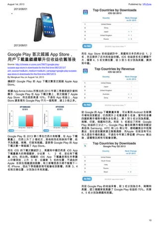 August 1st, 2013 Published by: VR-Zone
10
2013/08/01
•
2013/08/01
Google Play 首次超越 App Store，
用戶下載量繼續攀升但收益依舊落後
Source: http://chinese.vr-zone.com/76671/google-play-
surpass-app-store-in-downloads-for-the-first-time-08012013/?
utm_source=rss&utm_medium=rss&utm_campaign=google-play-surpass-
app-store-in-downloads-for-the-first-time-08012013
By Mengkuei Hsu on August 1st, 2013
據統計 Google Play 的 App 下載次數首次超越 Apple App
Store。
根據 App Annie Index 所推出的 2013 年第二季最新統計資料
顯示，Google Play 在 App 下載次數上，首次超越了 Apple
App Store，而且差距高達 10%。不過在 App 收益上，App
Store 還是領先 Google Play 不只一個馬頭，達 2.3 倍之多。
Google Play 在 2013 第二季在巴西大有斬獲，在 App 下載
數量上，巴西上升了 2 個名次，其他前四名則保持不變，依
予為美國、南韓、印度和俄國。這使得 Google Play 的 App
下載次數一舉超越了 App Store。
而在 iOS 的下載次數統計上，美國和中國仍然是 iOS App
下載量最大的兩個國家，分佔第 1、 2 名，並佔有下載
量 40% 的比例。俄國的 iOS App 下載量表現在本季讓
人印像深刻，上升 3 名，佔據第 5 名的位置，不過由於
Apple 目前在俄國遇到困難，有三家電信表示將不販售下一
代 iPhone，因此下季俄國表現可能會收到影響。而第 3、4
名則交換位置，分別為日本和英國。
而在 App Store 的收益統計中，美國和日本仍然分佔 1、2
名，而且提供了近半的收益份額。IOS 收益排名名次變動不
大，僅第 4、5 名交換位置，從 3 到 5 名分別為英國、澳洲
和中國。
從 Google 的 App 下載數量來看，可以看到 Android 在新興
市場特別受歡迎，巴西爬升 2 名衝進第 5 名後，當年的金磚
四國新興市場除中國外全在榜上，第 1 到 5 名分別為美國、
南韓、印度、俄國和巴西。而前 5 名就佔了所有 Google
Play 收益的三分之一。Google Play 會在新興市場受到歡迎
是因為 Samsung、HTC 和 LG 等公司，都相繼推出中低階
產品，並在這些國家建立販售通路，而Apple 目前沒有可以
攻入這些市場的產品，不過在今年第三季低價 iPhone 推出
後，這種情況將有可能會改變。
而從 Google Play 的收益來看，前 3 名分別為日本、南韓和
美國，這三個國家就貢獻了 Google Play 收益的 70%。而第
4、5 名分別為德國和英國。
 