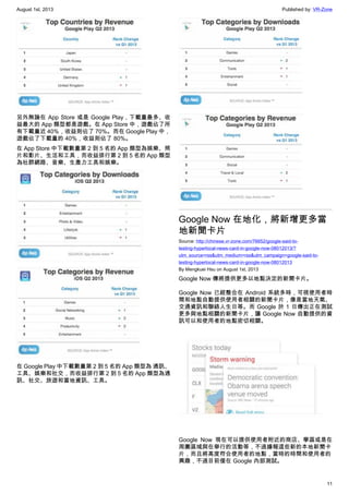 August 1st, 2013 Published by: VR-Zone
11
另外無論在 App Store 或是 Google Play，下載量最多、收
益最大的 App 類型都是遊戲。在 App Store 中，遊戲佔了所
有下載量近 40%，收益則佔了 70%。而在 Google Play 中，
遊戲佔了下載量的 40%，收益則佔了 80%。
在 App Store 中下載數量第 2 到 5 名的 App 類型為娛樂、照
片和影片、生活和工具，而收益排行第 2 到 5 名的 App 類型
為社群網路、音樂、生產力工具和娛樂。
在 Google Play 中下載數量第 2 到 5 名的 App 類型為 通訊、
工具、娛樂和社交，而收益排行第 2 到 5 名的 App 類型為通
訊、社交、旅遊和當地資訊、工具。
Google Now 在地化，將新增更多當
地新聞卡片
Source: http://chinese.vr-zone.com/76652/google-said-to-
testing-hyperlocal-news-card-in-google-now-08012013/?
utm_source=rss&utm_medium=rss&utm_campaign=google-said-to-
testing-hyperlocal-news-card-in-google-now-08012013
By Mengkuei Hsu on August 1st, 2013
Google Now 傳將提供更多以地點決定的新聞卡片。
Google Now 已經整合在 Android 系統多時，可視使用者時
間和地點自動提供使用者相關的新聞卡片，像是當地天氣、
交通資訊和聯絡人生日等。而 Google 於 1 日傳出正在測試
更多與地點相關的新聞卡片，讓 Google Now 自動提供的資
訊可以和使用者的地點密切相關。
Google Now 現在可以提供使用者附近的商店、學區或是在
周圍區域與在舉行的活動等，不過據報這些新的本地新聞卡
片，而且將高度符合使用者的地點，當時的時間和使用者的
興趣，不過目前僅在 Google 內部測試。
 