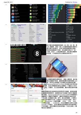 August 9th, 2013 Published by: VR-Zone
40
•
•
•
•
•
•
•
過去智慧型手機內建相機畫素無論是 500 萬、800 萬，甚
至號稱 1,200 萬畫素，都是一個小小的鏡頭搭配數位變焦功
能，足以應付隨手拍的需求，但是只要焦距畫面要拉遠點，
不是拉不夠遠就是畫面慘不忍睹，現在總算有更近乎「相
機」的「手機」出現了；只是這樣的設計，勢必要在重量與
造型上有所取捨，不知道是否符合消費者的需求呢？
10 倍的光學變焦鏡頭為潛筒設計，搭配上變焦環，操作感
與消費型數位相機幾乎無異，鏡頭旁配置有氙氣閃燈與 LED
對焦輔助燈，對於低光源環境下的拍攝也有相當程度的幫
助。但是 Samsung GALAXY S 4 Zoom 的特點也為它帶來稍
稍的不便，因為光學鏡頭的便利必須犧牲一下機身尺寸和中
達 208g 的機身，也正因這個問題，機身材質的塑料味頗
重。
豐富的智慧拍照功能能夠為拍照帶來許多樂趣，能夠很直覺
的選擇拍照場景使用，就算使用者不知道當下該用什麼廠景
模式適合，Samsung GALAXY S 4 Zoom 也可以用智慧模式
建議提供 3 種最佳拍攝模式，讓使用者輕鬆拍出最佳效果，
不用去管一些繁複的光圈、快門、感光度等關係，只要開心
地按下快門鍵就可以啦！比較美中不足的地方就是，身為一
台 Phonemera，內建記憶體 ROM 只有 8GB，
以及電池容量 2,330mAh，好在記憶體部分還可以透過
microSD 卡來補足，但是在實測的這段期間內常常遇到電力
不足的窘境，這時消費者恐怕就得考量一下是否另購入一顆
電池或行動電源了。
 