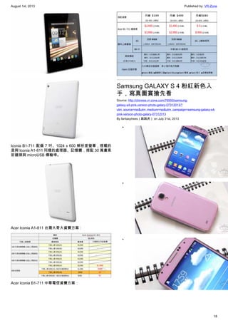 August 1st, 2013 Published by: VR-Zone
18
Iconia B1-711 配備 7 吋、1024 x 600 解析度螢幕，搭載的
是與 Iconia A1-811 同樣的處理器、記憶體，搭配 30 萬畫素
前鏡頭與 microUSB 傳輸埠。
Acer Iconia A1-811 台灣大哥大資費方案：
Acer Iconia B1-711 中華電信資費方案：
Samsung GALAXY S 4 粉紅新色入
手，寫真圖賞搶先看
Source: http://chinese.vr-zone.com/76550/samsung-
galaxy-s4-pink-version-photo-galary-07312013/?
utm_source=rss&utm_medium=rss&utm_campaign=samsung-galaxy-s4-
pink-version-photo-galary-07312013
By fantasytrees（跳跳虎） on July 31st, 2013
•
•
•
 