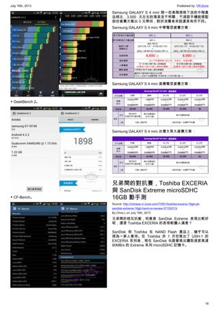 July 16th, 2013 Published by: VR-Zone
16
▼ GeekBench 2。
▼ CF-Bench。
Samsung GALAXY S 4 mini 與一些高階規格下放的中階產
品相比，3,000 元左右的落差並不明顯；不過該手機能搭配
部份資費方案以 0 元帶回，對於消費者來說還是有所不同。
Samsung GALAXY S 4 mini 中華電信資費方案：
Samsung GALAXY S 4 mini 遠傳電信資費方案：
Samsung GALAXY S 4 mini 台灣大哥大資費方案：
兄弟間的對抗賽，Toshiba EXCERIA
與 SanDisk Extreme microSDHC
16GB 動手測
Source: http://chinese.vr-zone.com/73551/toshiba-exceria-16gb-pk-
sandisk-extreme-16gb-hand-on-review-07152013/
By Chris.L on July 15th, 2013
兄弟間的相互抗衡，究竟是 SanDisk Extreme 表現比較好
呢，還是 Toshiba EXCERIA 的表現較讓人滿意？
SanDisk 和 Toshiba 在 NAND Flash 產品上，幾乎可以
視為一家人看待。在 Toshiba 於 1 月份推出了 USH-1 的
EXCERIA 系列後，現在 SanDisk 也跟著推出讀取速度高達
80MB/s 的 Extreme 系列 microSDHC 記憶卡。
 