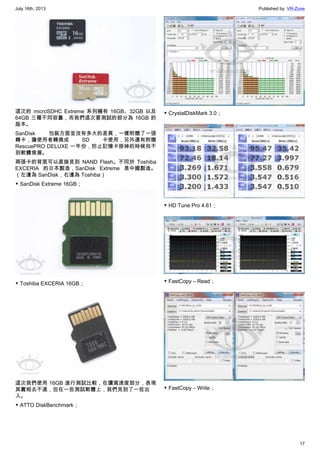 July 16th, 2013 Published by: VR-Zone
17
這次的 microSDHC Extreme 系列擁有 16GB、32GB 以及
64GB 三種不同容量，而我們這次要測試的部分為 16GB 的
版本。
SanDisk 包裝方面並沒有多大的差異，一樣附贈了一張
轉卡，讓使用者轉換成 SD 卡使用，另外還有附贈
RescuePRO DELUXE 一年份，防止記憶卡掛掉的時候找不
到軟體救援。
兩張卡的背面可以直接見到 NAND Flash。不同於 Toshiba
EXCERIA 的日本製造，SanDisk Extreme 是中國製造。
（左邊為 SanDisk，右邊為 Toshiba）
▼ SanDisk Extreme 16GB；
▼ Toshiba EXCERIA 16GB；
這次我們使用 16GB 進行測試比較，在讀寫速度部分，表現
其實相去不遠，但在一些測試軟體上，我們見到了一些出
入。
▼ ATTO DiskBenchmark；
▼ CrystalDiskMark 3.0；
▼ HD Tune Pro 4.61；
▼ FastCopy – Read；
▼ FastCopy – Write；
 
