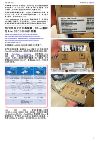 July 25th, 2013 Published by: VR-Zone
21
如果單看 Android 平台的話，Samsung 是行動廣告壓倒性
的市佔第一，佔了 58.45%，而第二名 HTC 相差甚遠，佔有
10.88%，另外第三名則為 Motorola，佔有 8.70%。
另外在平板行動廣告流量上，Apple 佔有絕大部分市場，達
91.20% 之多，而第二名 Samsung 則佔有 6.11%，第三名也
讓人意外，是 Acer 的 1.15%。
Opera Mediaworks 支援 13,000 個網站和程式，每月發布
600 億則行動廣告，而到目前為止，Opera Mediaworks 已
經為行動發行商和程式開發者提供了超過 6 億美金的收入。
180GB 率先在日本開賣，20nm 製程
的 Intel SSD 530 終於登場
Source: http://chinese.vr-zone.com/75038/intel-ssd-530-
with-20nm-nand-flash-180gb-now-sell-at-japan-07242013/?
utm_source=rss&utm_medium=rss&utm_campaign=intel-ssd-530-
with-20nm-nand-flash-180gb-now-sell-at-japan-07242013
By Chris.L on July 24th, 2013
早前報導的 Intel SSD 530 目前已經在日本開賣了。
我們在早前的報導，曾經指出 Intel 將會在 30 周發佈採用
20nm 的 Intel SSD 530，而現在已經能在日本市場上見到。
根據 hermitage akihabara 的報導指出，Intel
SSD 530 目前已經在通路上見到，不過容量方面只有
180GB 的版本，是這個系列中容量最小的一個版本，正式
型號為 SSDSC2BW180A401，價格為 20,480円，約新台幣
6,137 元左右。
Intel SSD 530 擁有多種容量，分別是
180GB、240GB、360GB 以及 480GB，採用的控制器為
LSI SandForce SF-2281，NAND Flash 製程則是 20nm。讀
寫速度部分，與早前的 335 或是 520 並沒有太大的差異，分
別是 550MB/s 和 520MB/s，4K 則在 60,000 IOPS 左右。
 