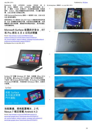 July 25th, 2013 Published by: VR-Zone
25
Samsung 3GB LPDDR3 mobile DRAM 由 6
顆 20nm 製程的 4Gb LPDDR3 顆粒所組成，在一
組 3 顆粒 1.5GB 的情況下，形成對稱的結構，而高度
僅有 0.8mm，因此手機廠商在設計的時候，可以讓手機更
薄，以及允許更大的電池空間。
目前 Samsung Electronics 是唯一一家提供 1GB、2GB 以及
3GB 選項的廠商。
相信即將在 IFA 發表的 GALAXY Note 3 將會是首款採用這
款 3GB 記憶體的智慧型手機，而更高的記憶體容量，也將
體會提升使用者經驗，隨著發佈時間越來越近，更多的資訊
也將陸續登場。
Microsoft Surface 裝置終於登台，RT
和 Pro 將在 8 月 4 日同步開賣
Source: http://chinese.vr-zone.com/74992/microsoft-
surface-rt-surface-pro-to-hit-the-shelf-in-taiwan-07242013/?
utm_source=rss&utm_medium=rss&utm_campaign=microsoft-surface-rt-
surface-pro-to-hit-the-shelf-in-taiwan-07242013
By Mengkuei Hsu on July 24th, 2013
Surface RT 搭載 Windows RT 系統，並搭載 Office 2013
RT 家用版，讓 Surface RT 可以滿足一般工作和影音需求，
不過和一般 Windows 程式並不相容。而 Surface Pro 則搭載
Windows 8 作業系統，可相容執行 Windows 7 程式，並提供
手寫筆。
效能數據、規格配置曝光，2 代
Nexus 7 確定搭載 Android 4.3
Source: http://chinese.vr-zone.com/74947/with-android-4-3-
second-gen-google-nexus-7-benchmark-show-off-07242013/?
utm_source=rss&utm_medium=rss&utm_campaign=with-android-4-3-
second-gen-google-nexus-7-benchmark-show-off-07242013
By fantasytrees（跳跳虎） on July 24th, 2013
•
•
•
•
•
 