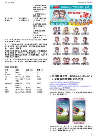 July 31st, 2013 Published by: VR-Zone
22
3. 每月贈送國內通
話費 150 元，憑帳
單攜碼每月再送 80
元 註 2)  。
4. 近萬點 WIFI 上
網吃到飽。
最 i 你 666
雙享包
預付儲值卡
立即儲 666 元
1. 行動上網吃到飽
30 日加贈 3 日
。
2. 網內語音互打免
費 30 日加贈 3
日 。
3. 贈國內通信費
150 元。
4. 送電子書 30 日
免費看 註 3)  。
註 1 ：行動上網超過 1.5G 以 0.0015 元 /KB 計算，收費上
限 含月租費 為 899 元。
註 2 ：可抵國內通話費，包含國內語音電話、國內影像電
話、國內簡訊、國內多媒體訊息、國內行動網際網路傳輸
費、「 VMall 」傳輸費
不包含計時影音節目、語音加值、簡訊加值、多媒體訊息加
值、企業加值 如： MVPN…) 、特碼服務 如： 105 、 106…)
等所產生之通信費和內容使用費，以及國際電話、 0204 等
付費語音之代收費用。
註 3 ：最 i 你 666 雙享包內含之服務自儲值後立即啟用連續
網內語音及行動上網 33 天，電子書則為連續 30 日免費看。
終端商品專案價格
品牌 型號 最讚 188 更讚 349
SK W15 0 0
HUAWEI Y210D 0 0
LG Optimus L5 1,990 990
SK V901 3G 7 吋
平板
1,990 1,490
Samsung Galaxy S
Duos
3,490 2,990
SK WA520 4,990 4,490
HTC 新 HTC One 16,490 15,990
SONY Xperia Z Ultra 18,990 18,490
8 月起陸續登場，Samsung GALAXY
S 4 星耀紫與星燦粉新色亮相
Source: http://chinese.vr-zone.com/76131/samsung-
galaxy-s4-purple-and-pink-show-off-07302013/?
utm_source=rss&utm_medium=rss&utm_campaign=samsung-galaxy-s4-
purple-and-pink-show-off-07302013
By fantasytrees（跳跳虎） on July 30th, 2013
Samsung 宣布推出 GALAXY S 4 星耀紫與星燦粉兩款新
色，於 8 月起陸續上市。
Samsung 在 2013 年 7 月 30 日發出新聞稿，宣布將在 8
月 1 日起，陸續在台灣推出 GALAXY S 4 星耀紫與星燦粉新
色，16GB 建議售價為 21,900 元。
 
