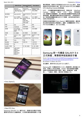 March 16th, 2013 Published by: VR-Zone
9
▲ Sony Xperia Z。
▲ New HTC One。
Samsung GALAXY S 4 橫空出世，新機外型自講求手感的
圓潤外型改為方正纖細風格，以洗煉的機身線條減輕 5 吋螢
幕的厚重感。跟甫在日前發表的 NEW HTC One 相比，兩者
強度近似但各有奇妙之處，其中又以 NEW HTC One 搭載的
HTC UltraPixel Camera 技術為最。
HTC 打破攝影鏡頭高畫素的迷思，透過全新 UltraPixel
Camera 技術為 NEW HTC One 帶來僅有
400 萬畫素的相機鏡頭，並以增加感光範圍提昇每單位的像
素點面積，讓低畫素相機也能拍出亮眼好照片，同時節省因
為一昧提高相機畫素產生的大尺寸檔案，進而便利使用者在
社群分享的便利性。
同樣是四核處理器的 Sony Xperia Z 儘管效能較弱，機身規
格也與其他兩家相比稍微偏大、偏重；但獨闢蹊徑的 IP55 /
IP57 防水防塵能力，成了主打亮點。
Samsung 新一代機皇 GALAXY S 4
正式降臨，單靠眼神就能操控手機
Source: http://chinese.vr-zone.com/55597/samsung-galaxy-s4-coming-
with-big-little-cpu-and-full-hd-super-amoled-panel-03152013/
By Christine.T on March 14th, 2013
各位觀眾，意料中的 GALAXY S 4 出現了。
Samsung 新一代機皇終於在 14 日（美國時間）發表會正式
亮相，同樣以人性為出發點，主打近一度的智慧操作體驗，
強調可透過眼睛控制影片暫停、播放，新機具備「迷霧
黑」、「冰霜白」雙色，預計第二季開始上市。
 