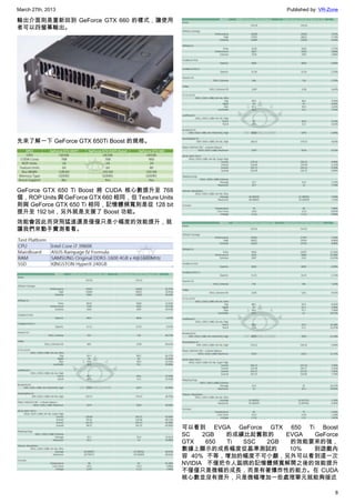 March 27th, 2013 Published by: VR-Zone
8
輸出介面則是重新回到 GeForce GTX 660 的樣式，讓使用
者可以四螢幕輸出。
先來了解一下 GeForce GTX 650Ti Boost 的規格。
GeForce GTX 650 Ti Boost 將 CUDA 核心數提升至 768
個，ROP Units 與 GeForce GTX 660 相同，但 Texture Units
則與 GeForce GTX 650 Ti 相同，記憶體頻寬則是從 128 bit
提升至 192 bit，另外就是支援了 Boost 功能。
效能會因此而突飛猛進還是僅僅只是小幅度的效能提升，就
讓我們來動手實測看看。
可以看到 EVGA GeForce GTX 650 Ti Boost
SC 2GB 的成績比起舊款的 EVGA GeForce
GTX 650 Ti SSC 2GB 的效能要來的強，
數據上顯示的成長幅度從基準測試的 10% 到遊戲內
容 40% 不等，增加的幅度不可小覷，另外可以看到這一次
NVIDIA 不僅把令人詬病的記憶體頻寬解開之後的效能提升
不僅僅只是微幅的成長，而是有著爆炸性的能力。在 CUDA
核心數並沒有提升，只是微幅增加一些處理單元就能夠接近
 