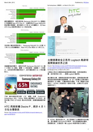 March 28th, 2013 Published by: VR-Zone
7
網頁瀏覽部份，或許是因為 Samsung GALAXY S 4 搭載的
5 吋螢幕較 New HTC One 大，且網頁多非 Super AMOLED
較省電的黑畫面，僅支援約 8 小時 42 分的續航力，但 New
HTC One 卻能帶來將近 10 小時的表現。
至於影片播放時間表現上，Samsung GALAXY S 4 支援 10
小時 16 分的連續播放，New HTC One 則為 10 小時 2 分。
根據實測結果顯示，當每天利用 Samsung GALAXY S 4 講
1 小時的 3G 通話、瀏覽 1 小時的網頁，並觀看 1 小時影
片，在其他時間待機的情況下，該手機能提供 63 小時的續
航力。
不過，國外測試的是支援 LTE 網路、內建 Qualcomm
Snapdragon 600, 1.9GHz 四核心處理器的 GT-I9505，屆
時台灣上市的 GT-I9500 勢必有所差異，該實測數據僅供參
考。
HTC 再推新機 Desire P，將於 4 月 1
日在台灣發表
Source: http://chinese.vr-zone.com/57163/htc-to-launch-desire-p-on-
april-1st-03272013/
By fantasytrees（跳跳虎） on March 27th, 2013
北韓領導者金正恩用 Logitech 軌跡球
展開毀滅世界之旅
Source: http://chinese.vr-zone.com/57144/north-korea-leader-kim-jong-
un-use-logitech-tracking-ball-to-destroy-the-worl-03272013/
By Mengkuei Hsu on March 27th, 2013
北韓金正恩近日頻頻放話威脅南韓和美國，宣言將展開攻
擊，他所使用的工具……是顆 Logitech 軌跡球。
最近聽到北韓，都覺得這是個恐怖的國家，這兩個星期來頻
頻放話即將對南韓和美國開戰，在 28 日更傳出北韓切斷外
國遊客的 3G 網路，不讓遊客對外連絡。不過《韓國中央通
訊社》（KCNA）所提供的一張照片來看，北韓似乎又沒有
這麼可怕了。
在 KCNA 提供的照片中，金正恩檢視了北韓最高科技的電
腦，這台電腦不但可以在戶外使用，而且具備精美的餐椅，
更重要的是，它僅使用一顆 Logitech 軌跡球就可以操作。
 