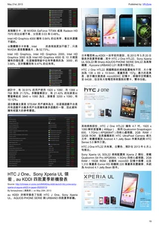 May 21st, 2013 Published by: VR-Zone
19
高階顯示卡，如 NVIDIA GeForce TITAN 或是 Radeon HD
7970 的比佔都不高，分別是 0.03 和 0.48%。
Intel HD Graphics 4000 擁有 0.84% 的佔有率，看起來還蠻
不錯的。
以整體顯示卡來看，Intel 的表現就更加不錯了，只是
NVIDIA 還是整體最大，為 52.73%。
Intel HD Graphics、Intel HD Graphics 2000、Intel HD
Graphics 3000 以及 Intel HD Graphics 4000 在 10 大裡面
擁有四個位置，在這幾個等級中佔有率最高的為 3000，約
3.68%，至於整體則有 9.47% 的佔有率。
統計中，有 30.91% 的用戶使用 1920 x 1080，而 1366 x
768 則有 21.72%。多顆螢幕部分，有 21.42% 的玩家是以
雙螢幕組成 3840 x 1080 為主，接著是 3200 x 1080，有
10.12%。
這份數據主要是 STEAM 用戶資料為主，但這個遊戲平台是
所有遊戲平台最多用戶也是擁有最多遊戲的一個，因此資料
擁有相當大的參考價值。
HTC J One、Sony Xperia UL 領
銜，au KDDI 四款夏季新機發表
Source: http://chinese.vr-zone.com/64040/au-kddi-launch-htc-j-one-sony-
xperia-ul-aquos-shl22-in-japan-05202013/
By fantasytrees（跳跳虎） on May 20th, 2013
au KDDI 於稍早發表了包括 HTC J One、Sony Xperia
UL、AQUOS PHONE SERIE 與 URBANO 四款夏季新機。
日本電信商 au KDDI 一如早前所提到，在 2013 年 5 月 20 日
發表多款夏季新機；其中 HTC J One HTL22、Sony Xperia
UL SOL22 與 Sharp AQUOS PHONE SERIE SHL22 為高階
機種，Kyocera URBANO L01 則是中階定位。
HTC J One HTL22 與國際版的規格配置略有不同，大小增
加為 138 x 69 x 10.5mm，重量則是 157g；最大的差異
是，該手機支援透過 microSDXC 記憶卡，將儲存空間擴充
至 64GB，但沒有大陸電信商客製款的雙卡、雙待功能。
其他規格部份，HTC J One HTL22 擁有 4.7 吋、1920 x
1080 解析度螢幕（468ppi），採用 Qualcomm Snapdragon
600, 1.7GHz（APQ8064T）四核心處理器、2GB RAM /
32GB ROM，並具備獨家的 HTC UltraPixel Camera 感光
元件；軟體搭載則 Android 4.1 Jelly Bean 作業系統與 HTC
Sense 5.0 操作介面。
HTC J One HTL22 共有黑、白雙色，預計在 2013 年 6 月上
旬推出。
Sony Xperia UL SOL22 規格配置與 Xperia Z 類似，搭載
Qualcomm S4 Pro APQ8064, 1.5GHz 四核心處理器、2GB
RAM / 16GB ROM，並擁有 microSD 記憶卡插槽，以及
1,310 萬畫素 Exmor RS 相機與 220 萬畫素前置鏡頭，系統
為 Android 4.1 Jelly Bean 版本。
 