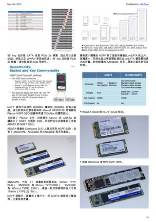 May 3rd, 2013 Published by: VR-Zone
10
“B” key 走的是 SATA 或是 PCIe 2x 頻寬，因此可以支援
SSD、快取以及 WWAN 等其他用途；“M” key 走的是 PCIe
4x 頻寬，適合給高速 SSD 所使用。
NGFF 最快可以提供 800MB/s 讀取和 300MB/s 的寫入能
耐。這也就是為什麼早前採用 Marvell 88SS9189 控制器的
Plextor NGFF SSD 能擁有高達 700MB/s 的讀取能力。
目前除了 Plextor 之外，同時還有 Micron 和 ADATA 接
續展出了 NGFF 介面的 SSD，而我們也在近期拿到了多款
ADATA 的 NGFF SSD。
ADATA 將會在 Computex 2013 上展出系列 NGFF SSD，包
含了 XNS341N、XNS360E 和 XNS380E 等系列產品。
XNS341N 中的 41 其實就是指長度為 41mm（TYPE
2242）；XNS360E 為 60mm（TYPE2260）； XNS380E
為 80mm（TYPE 2280），最後一款沒有被採用的尺寸為
110mm（TYPE 22110）。
NGFF 規範中，其實有 4 種尺寸，而 ADATA 僅提供三種選
擇，主要長度考量。
擁有更小體積的 NGFF 除了速度有機會比 mSATA 快之外，
面積更小，同時也能以單面顆粒提供比 mSATA 雙面顆粒更
大的容量。對於輕薄的 Ultrabook 而言，厚度方面也更容易
控制。
▼ mSATA 30GB 與 NGFF 64GB 相比。
▼ 再與 Ultrabook 使用的 XM11 相比。
 