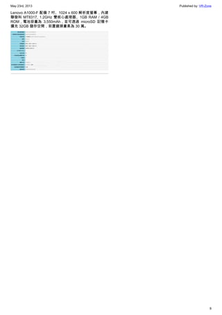 May 23rd, 2013 Published by: VR-Zone
8
Lenovo A1000-F 配備 7 吋、1024 x 600 解析度螢幕，內建
聯發科 MT8317, 1.2GHz 雙核心處理器、1GB RAM / 4GB
ROM，電池容量為 3,550mAh，並可透過 microSD 記憶卡
擴充 32GB 儲存空間，前置鏡頭畫素為 30 萬。
 