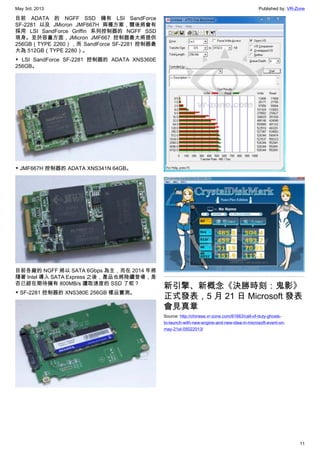 May 3rd, 2013 Published by: VR-Zone
11
目前 ADATA 的 NGFF SSD 擁有 LSI SandForce
SF-2281 以及 JMicron JMF667H 兩種方案，爾後將會有
採用 LSI SandForce Griffin 系列控制器的 NGFF SSD
現身。至於容量方面，JMicron JMF667 控制器最大將提供
256GB（TYPE 2260），而 SandForce SF-2281 控制器最
大為 512GB（TYPE 2280）。
▼ LSI SandForce SF-2281 控制器的 ADATA XNS360E
256GB。
▼ JMF667H 控制器的 ADATA XNS341N 64GB。
目前各廠的 NGFF 將以 SATA 6Gbps 為主，而在 2014 年將
隨著 Intel 導入 SATA Express 之後，產品也將陸續登場，是
否已經在期待擁有 800MB/s 讀取速度的 SSD 了呢？
▼ SF-2281 控制器的 XNS380E 256GB 樣品實測。
新引擎、新概念《決勝時刻：鬼影》
正式發表，5 月 21 日 Microsoft 發表
會見真章
Source: http://chinese.vr-zone.com/61663/call-of-duty-ghosts-
to-launch-with-new-engine-and-new-idea-in-microsoft-event-on-
may-21st-05022013/
 
