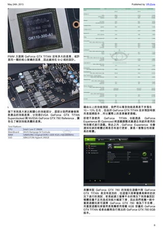 May 24th, 2013 Published by: VR-Zone
6
PWM 方面與 GeForce GTX TITAN 沒有多大的差異，或許
是同一顆的核心架構的因素，因此維持在 6+2 相的設計。
接下來則是大家比較關心的效能部分，這部分我們將會做兩
款產品的效能差異，分別是EVGA GeForce GTX TITAN
Superclocked 與 NVIDIA GeForce GTX 780 Reference，讓
各位了解到效能具體的差異。
藉由以上的效能測試，我們可以看到效能差異差不多落在
10 ~ 13% 左右，但由於 GeForce GTX TITAN 並非預設時脈
而是超頻版本，所以實際上的差異會更微幅。
即使不是使用 GeForce TITAN，也能透過 GeForce
Experience 的 Optimized 將遊戲調整成最適合系統所使用的
特效模式進行遊戲。除此之外，GeForce Experience 也會
通知玩家的軟體近期是否有進行更新，算是一套整合性相當
高的軟體。
具體來說 GeForce GTX 780 的效能在遊戲中與 GeForce
GTX TITAN 是沒有差別的，但這僅只是單螢幕高解析的狀
況下進行的測試，若是組建三螢幕平台的情況下則是會因記
憶體容量不足而造成效能大幅度下滑，因此我們推薦一般中
重度遊戲玩家可選擇 GeForce GTX 780 做為下手目標，
而重度遊戲玩家當然是推薦使用搭載 6GB 容量的 GeForce
GTX TITAN 或者由廠商自行推出的 GeForce GTX 780 6GB
版本。
 