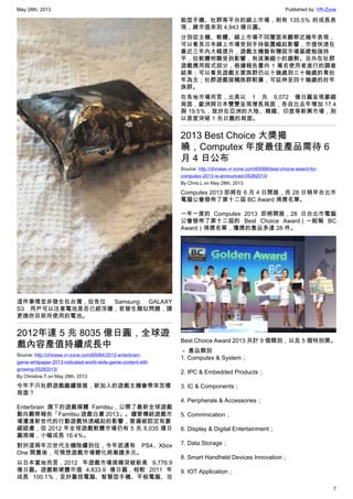 May 28th, 2013 Published by: VR-Zone
7
這件事情並非發生在台灣，但各位 Samsung GALAXY
S3 用戶可以注意電池是否已經浮腫，若發生類似問題，請
更換你目前所使用的電池。
2012年達 5 兆 8035 億日圓，全球遊
戲內容產值持續成長中
Source: http://chinese.vr-zone.com/65064/2012-enterbrain-
game-whitpaper-2013-indicated-world-wide-game-content-still-
growing-05282013/
By Christine.T on May 28th, 2013
今年不只社群遊戲繼續發展，新加入的遊戲主機會帶來怎樣
局面？
Enterbrain 旗下的遊戲媒體 Famitsu，公開了最新全球遊戲
動向觀察報告「Famitsu 遊戲白書 2013」。儘管傳統遊戲市
場遭逢新世代的行動遊戲快速崛起的影響，普遍被認定有萎
縮疑慮，但 2012 年全球遊戲軟體市場仍有 5 兆 8,035 億日
圓規模，小幅成長 16.4％。
對於這兩年次世代主機陸續到位，今年底還有 PS4、Xbox
One 開賣後，可預想遊戲市場變化將漸趨多元。
以日本當地而言，2012 年遊戲市場規模突破新高 9,776.9
億日圓。遊戲軟硬體市值 4,833.9 億日圓，相較 2011 年
成長 100.1％，至於囊括電腦、智慧型手機、平板電腦、功
能型手機、社群等平台的線上市場，則有 135.5％ 的成長表
現，總市值來到 4,943 億日圓。
分別從主機、軟體、線上市場不同層面來觀察近幾年表現，
可以看見日本線上市場受到手持裝置崛起影響，市值快速在
最近三年內大幅提升，遊戲主機雖有穩固市場基礎勉強持
平，但軟體明顯受到影響，有逐漸縮小的趨勢。另外在社群
遊戲應用程式部分，根據報告書向 1 萬名使用者進行的調查
結果；可以看見遊戲主要族群仍以十幾歲到三十幾歲的青壯
年為主；社群遊戲接觸族群較廣，可延伸至四十幾歲的壯年
族群。
在各地市場而言，北美以 1 兆 9,072 億日圓呈現萎縮
局面，歐洲與日本雙雙呈現增長局面，各自比去年增加 17.4
與 19.5％，致於在亞洲的大陸、韓國、印度等新興市場，則
以首度突破 1 兆日圓的局面。
2013 Best Choice 大獎揭
曉，Computex 年度最佳產品需待 6
月 4 日公布
Source: http://chinese.vr-zone.com/65068/best-choice-award-for-
computex-2013-is-announced-05282013/
By Chris.L on May 28th, 2013
Computex 2013 即將在 6 月 4 日開展，而 28 日稍早台北市
電腦公會發佈了第十二屆 BC Award 得獎名單。
一年一度的 Computex 2013 即將開展，28 日台北市電腦
公會發佈了第十二屆的 Best Choice Award（一般稱 BC
Award）得獎名單，獲獎的產品多達 28 件。
Best Choice Award 2013 共計 9 個類別，以及 5 個特別奬。
－ 產品類別
1. Computex & System；
2. IPC & Embedded Products；
3. IC & Components；
4. Peripherals & Accessories；
5. Commnication，
6. Display & Digital Entertainment；
7. Data Storage；
8. Smart Handheld Devices Innovation；
9. IOT Application；
 