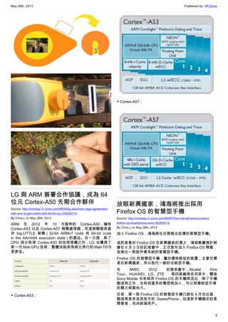 May 28th, 2013 Published by: VR-Zone
9
LG 與 ARM 簽署合作協議，成為 64
位元 Cortex-A50 先期合作夥伴
Source: http://chinese.vr-zone.com/65059/lg-electronic-sign-agreement-
with-arm-to-get-cortex-a50-64-bit-cpu-05282013/
By Chris.L on May 28th, 2013
ARM 在 2012 年 10 月發佈的 Cortex-A50，擁有
Cortex-A53 以及 Cortex-A57 兩顆處理器，而這兩顆都是基
於 big.LITTLE 架構（32-bit ARMv7 code 和 64-bit code
in the AArch64 execution state）的產品。另一方面，除了
CPU 部分取得 Cortex-A50 的技術授權之外，LG 也獲得了
新一代 Mali GPU 技術，整體效能表現將比現行的 Mali-T678
更更佳。
▼ Cortex-A53；
▼ Cortex-A57；
放眼新興國家，鴻海將推出採用
Firefox OS 的智慧型手機
Source: http://chinese.vr-zone.com/65057/hon-hai-will-announced-a-
firefox-os-smartphone-soon-05282013/
By Chris.L on May 28th, 2013
加入 Firefox OS，鴻海將在近期推出低價的智慧型手機。
或許是看好 Firefox OS 在新興國家的潛力，鴻海集團預計將
會在 6 月 3 日的記者會中，正式宣布加入 Firefox OS 陣營，
並推出一款該作業系統的智慧型手機。
Firefox OS 的智慧型手機，屬於價格較低的裝置，主要目標
是在新興國家，用以取代一般的功能型手機。
在 MWC 2012 的發表會中，Alcatel One
Touc、HUAWEI、LG、ZTE 等四家廠商名列其中，爾後
Sony Mobile 也有採用 Firefox OS 的手機照流出，除了手機
製造商之外，也有相當多的電信商加入，可以想像新型市場
的魅力相當地大。
目前，第一款 Firefox OS 的智慧型手機已經在 4 月份出貨，
製造商是來自西班牙的 GeeksPhone，但這款手機鎖定的是
開發者，而非終端用戶。
 